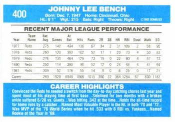 1982 Donruss #400 Johnny Bench Back