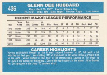 1982 Donruss #436 Glenn Hubbard Back