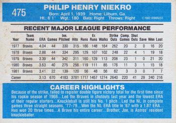 1982 Donruss #475 Phil Niekro Back