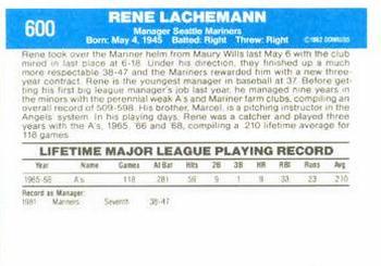 1982 Donruss #600 Rene Lachemann Back