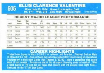 1982 Donruss #605 Ellis Valentine Back