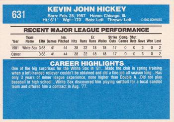 1982 Donruss #631 Kevin Hickey Back