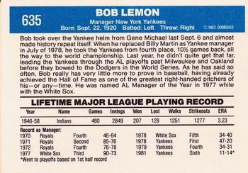 1982 Donruss #635 Bob Lemon Back