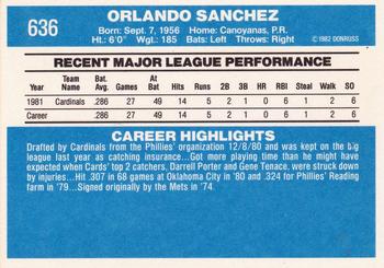 1982 Donruss #636 Orlando Sanchez Back