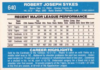 1982 Donruss #640 Bob Sykes Back