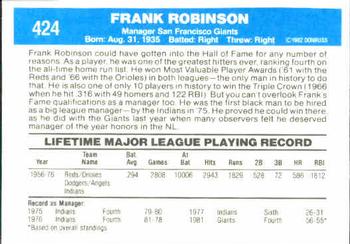 1982 Donruss #424 Frank Robinson Back