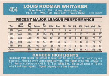1982 Donruss #454 Lou Whitaker Back