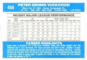 1982 Donruss #458 Pete Vuckovich Back