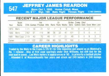 1982 Donruss #547 Jeff Reardon Back