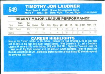1982 Donruss #549 Tim Laudner Back