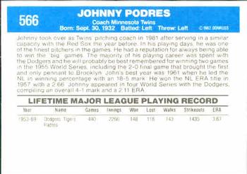 1982 Donruss #566 Johnny Podres Back