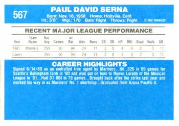 1982 Donruss #567 Paul Serna Back