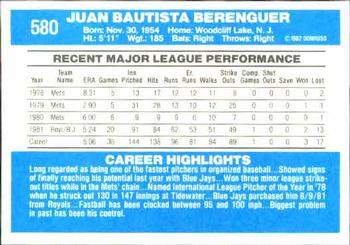 1982 Donruss #580 Juan Berenguer Back