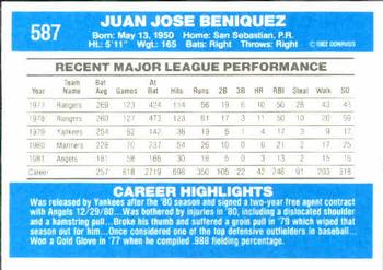 1982 Donruss #587 Juan Beniquez Back