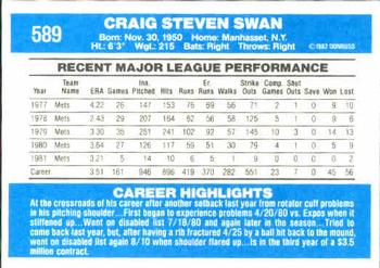 1982 Donruss #589 Craig Swan Back