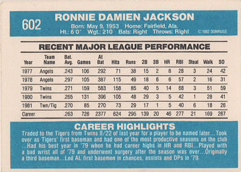 1982 Donruss #602 Ron Jackson Back