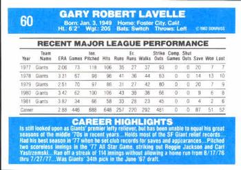 1982 Donruss #60 Gary Lavelle Back