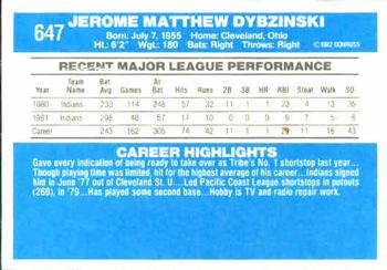1982 Donruss #647 Jerry Dybzinski Back
