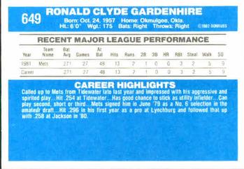 1982 Donruss #649 Ron Gardenhire Back