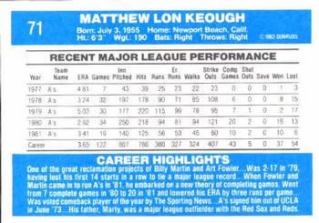 1982 Donruss #71 Matt Keough Back