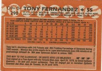 1988 O-Pee-Chee #290 Tony Fernandez Back