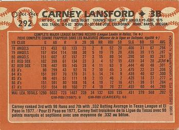 1988 O-Pee-Chee #292 Carney Lansford Back