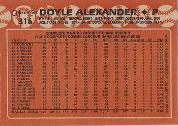 1988 O-Pee-Chee #316 Doyle Alexander Back