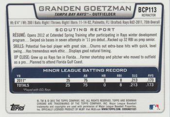 2012 Bowman Chrome - Prospects Refractors #BCP113 Granden Goetzman Back