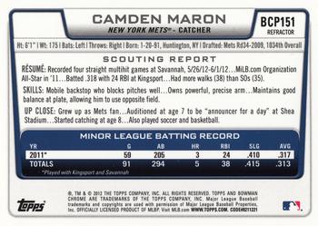 2012 Bowman Chrome - Prospects Refractors #BCP151 Camden Maron Back