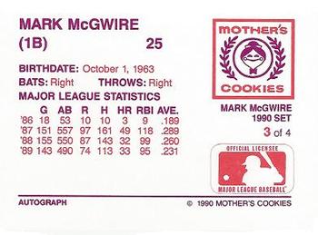 1990 Mother's Cookies Mark McGwire #3 Mark McGwire (Wearing Glove) Back