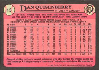 1989 O-Pee-Chee #13 Dan Quisenberry Back