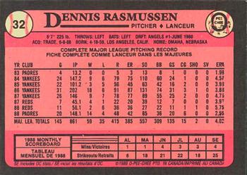 1989 O-Pee-Chee #32 Dennis Rasmussen Back