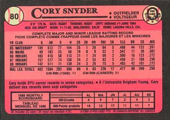 1989 O-Pee-Chee #80 Cory Snyder Back