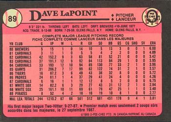 1989 O-Pee-Chee #89 Dave LaPoint Back