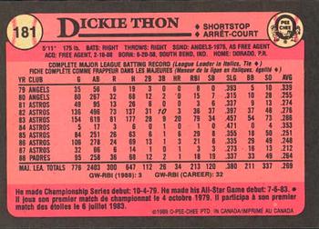 1989 O-Pee-Chee #181 Dickie Thon Back