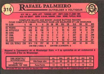 1989 O-Pee-Chee #310 Rafael Palmeiro Back