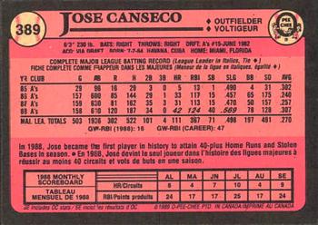 1989 O-Pee-Chee #389 Jose Canseco Back