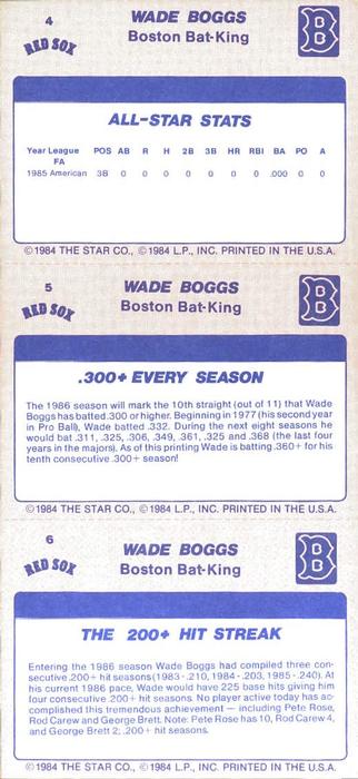 1986 Star Wade Boggs #4-6 Wade Boggs Back