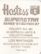 1987 Hostess Superstar Series '87 Stickers #23 Lou Whitaker Back