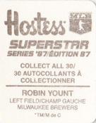 1987 Hostess Superstar Series '87 Stickers #25 Robin Yount Back