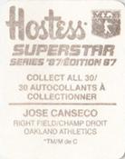 1987 Hostess Superstar Series '87 Stickers #28 Jose Canseco Back