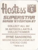 1987 Hostess Superstar Series '87 Stickers #8 Ryne Sandberg Back