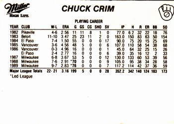 1990 Miller High Life Milwaukee Brewers SGA #NNO Chuck Crim Back