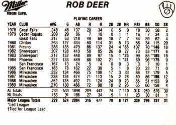 1990 Miller High Life Milwaukee Brewers SGA #NNO Rob Deer Back