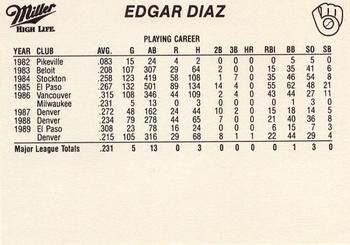 1990 Miller High Life Milwaukee Brewers SGA #NNO Edgar Diaz Back