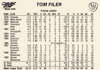 1990 Miller High Life Milwaukee Brewers SGA #NNO Tom Filer Back