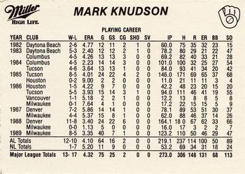 1990 Miller High Life Milwaukee Brewers SGA #NNO Mark Knudson Back