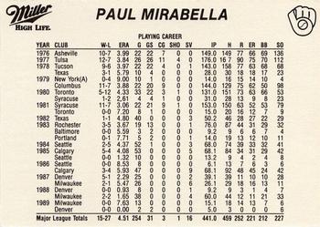 1990 Miller High Life Milwaukee Brewers SGA #NNO Paul Mirabella Back