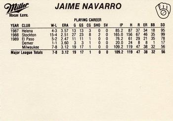 1990 Miller High Life Milwaukee Brewers SGA #NNO Jaime Navarro Back