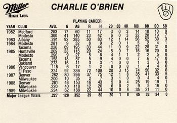 1990 Miller High Life Milwaukee Brewers SGA #NNO Charlie O'Brien Back